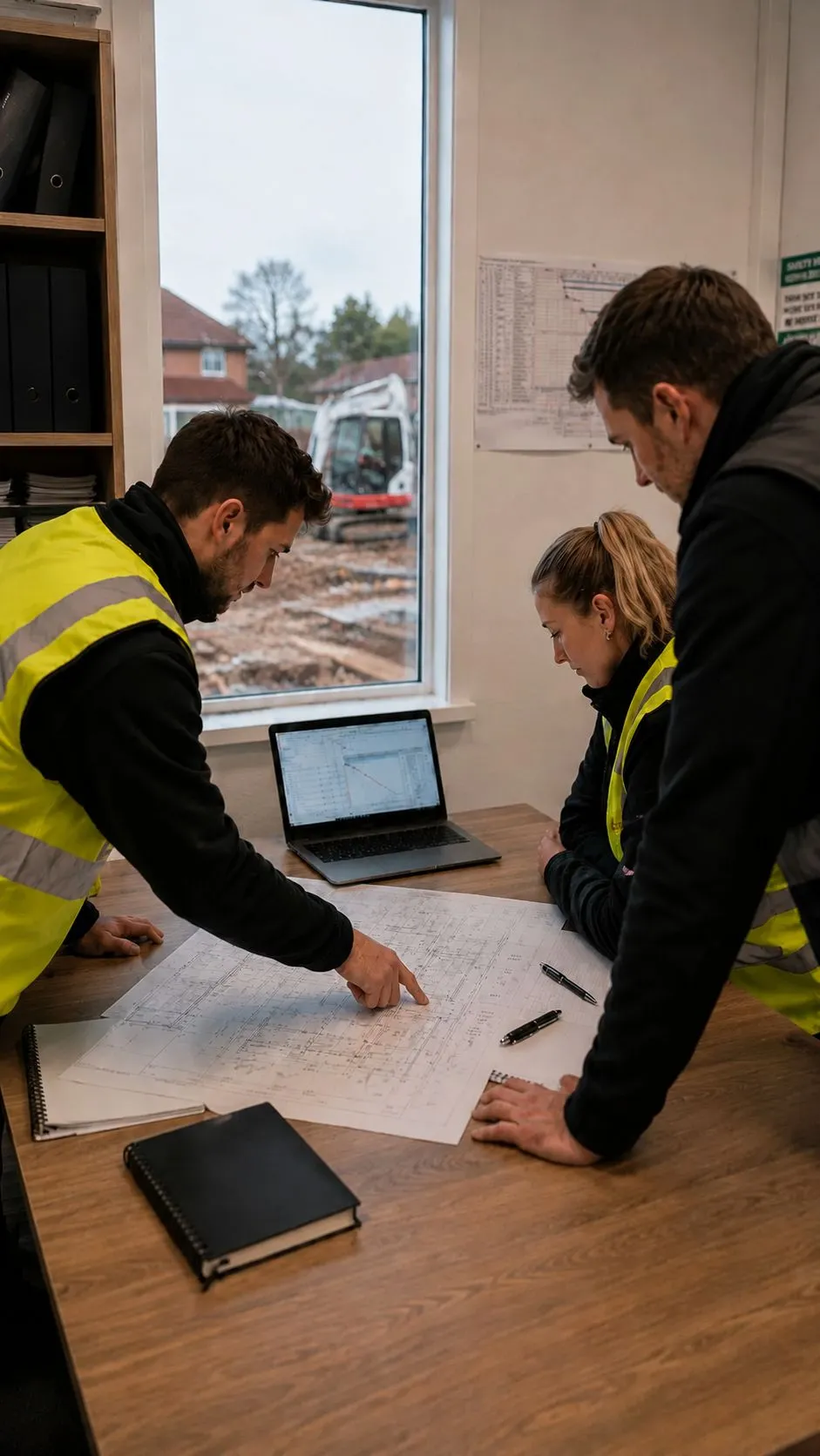 De Landro engineer reviewing construction drawings on site